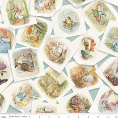 Tossed pages of scenes with characters from Peter Rabbit on a blue background with ruler
