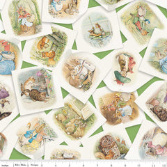 Tossed pages of scenes with characters from Peter Rabbit on a green background with ruler