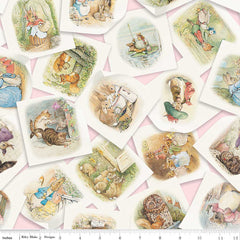 Tossed pages of scenes with characters from Peter Rabbit on a pink background with ruler