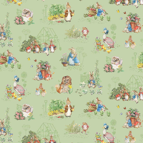Vignettes of Peter Rabbit and friends on a green background