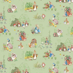 Vignettes of Peter Rabbit and friends on a green background