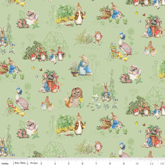 Vignettes of Peter Rabbit and friends on a green background with ruler