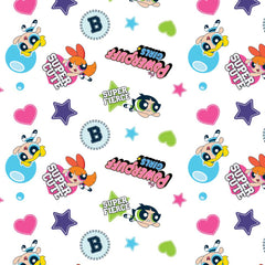Pattern of 'Powerpuff Girls' characters, logo, stars, and hearts on a white background