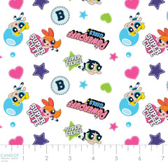 Pattern of 'Powerpuff Girls' characters, logo, stars, and hearts on a white background with ruler