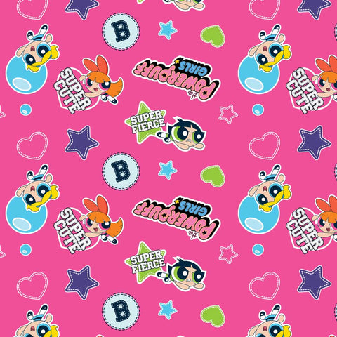Pattern of 'Powerpuff Girls' characters, logo, stars, and hearts on a pink background