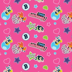 Pattern of 'Powerpuff Girls' characters, logo, stars, and hearts on a pink background