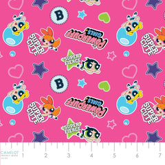 Pattern of 'Powerpuff Girls' characters, logo, stars, and hearts on a pink background with ruler