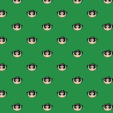 Pattern of icons of 'the Powerpuff Girls' Buttercup on a green background