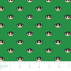 Pattern of icons of 'the Powerpuff Girls' Buttercup on a green background with ruler
