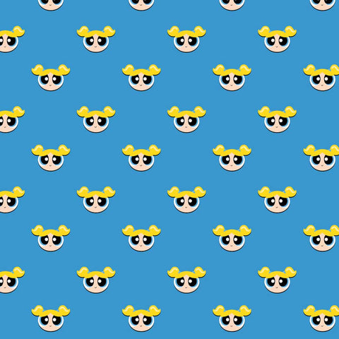 Pattern of icons of 'the Powerpuff Girls' Bubbles on a blue background 