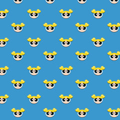 Pattern of icons of 'the Powerpuff Girls' Bubbles on a blue background 