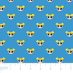 Pattern of icons of 'the Powerpuff Girls' Bubbles on a blue background with ruler