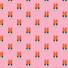 Pattern of icons of 'the Powerpuff Girls' Blossom on a pink background