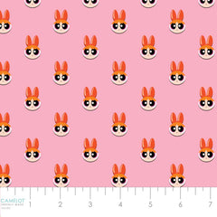 Pattern of icons of 'the Powerpuff Girls' Blossom on a pink background with ruler
