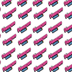 Pattern of 'The Powerpuff Girls' logo diagonally on a white background