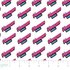 Pattern of 'The Powerpuff Girls' logo diagonally on a white background with ruler