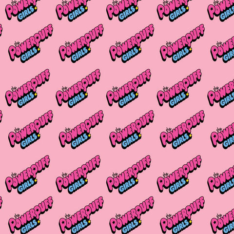 Pattern of 'The Powerpuff Girls' logo diagonally on a pink background