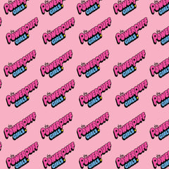 Pattern of 'The Powerpuff Girls' logo diagonally on a pink background