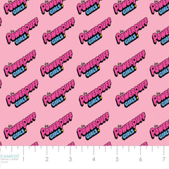 Pattern of 'The Powerpuff Girls' logo diagonally on a pink background with ruler