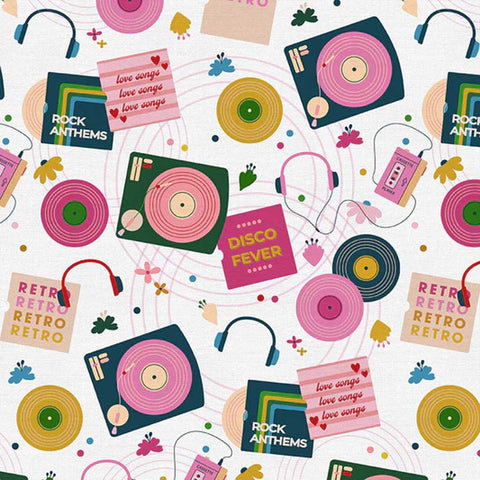 Pattern of vinyl records, albums, and headphones on a white background