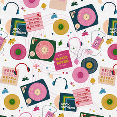 Pattern of vinyl records, albums, and headphones on a white background