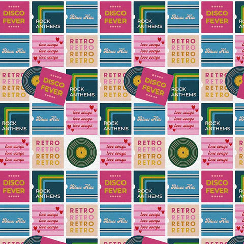 Pattern of retro music album covers with text and vinyl records
