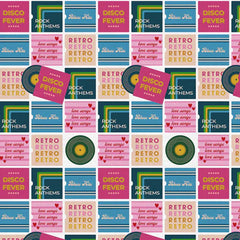 Pattern of retro music album covers with text and vinyl records