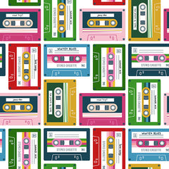 Pattern of cassette tapes on a white background
