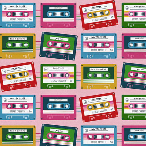 Pattern of cassette tapes on a pink background