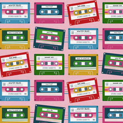 Pattern of cassette tapes on a pink background