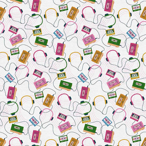 Pattern of cassette tape players, cassette tapes, and headphones on a white background