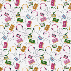 Pattern of cassette tape players, cassette tapes, and headphones on a white background