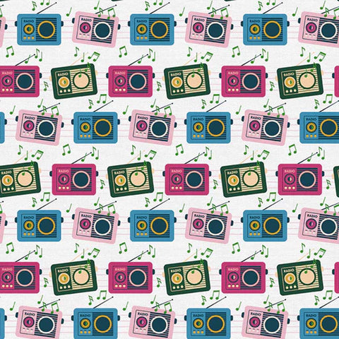 Pattern of colorful radios and musical notes on a white background