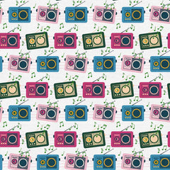 Pattern of colorful radios and musical notes on a white background