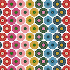 Pattern of colorful vinyl records on a white background