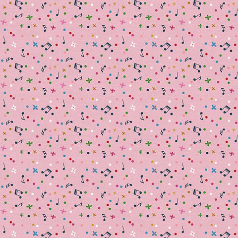 Pattern of musical notes and colorful dots on a pink background