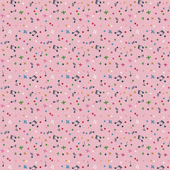 Pattern of musical notes and colorful dots on a pink background