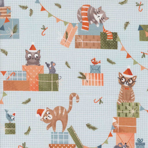 Pattern of cats, mice, and Christmas elements on a light blue background