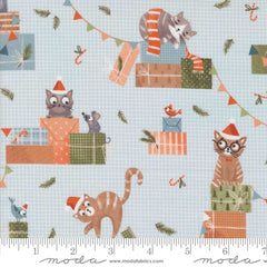 Pattern of cats, mice, and Christmas elements on a light blue background