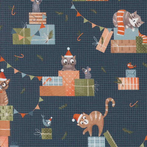 Pattern of cats and mice with Christmas hats and presents on a blue background