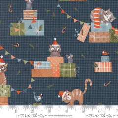 Pattern of cats and mice with Christmas hats and presents on a blue background with ruler