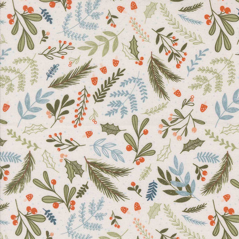 Pattern of green leaves and red berries on a white background