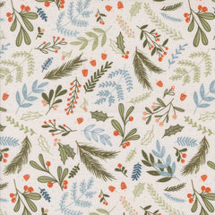 Pattern of green leaves and red berries on a white background