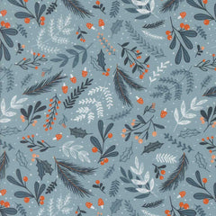Pattern of leaves and berries on a blue background