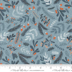 Pattern of leaves and berries on a blue background with ruler