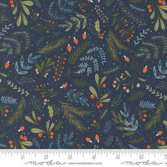 Pattern of green leaves and red berries on a dark blue background with ruler