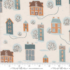 Pattern of small houses and trees on a beige background with ruler