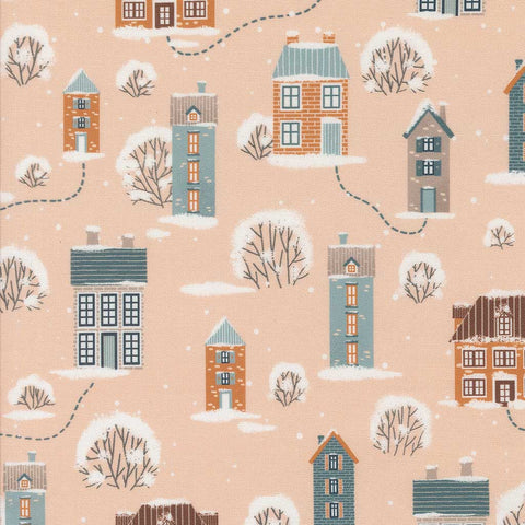 Pattern of small houses and trees with snow on a pink background