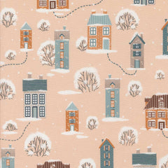 Pattern of small houses and trees with snow on a pink background