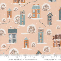 Pattern of small houses and trees with snow on a pink background